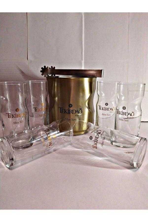 Paşabahçe Özel Tasarım Altın Seri Rakı Bardağı(6 Adet)+ Altın Seri Çelik Buz Kovası Set Lotus Bardak - Image 1