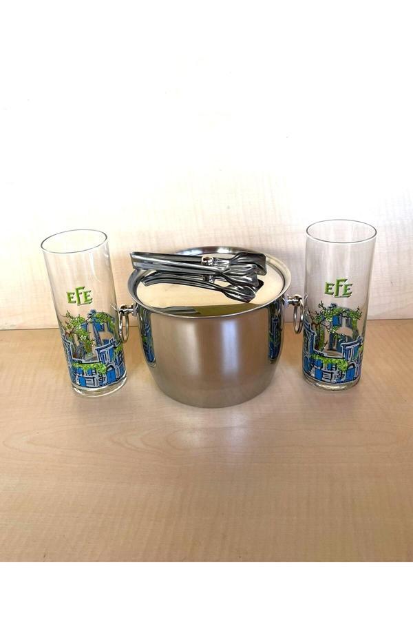 Sanat Taciri 2 Adet Efe Özel Seri Rakı Bardağı 1 Adet Çelik Buz Kovası Çif Katmanlı Maşalı Kapaklı Kova - Image 1