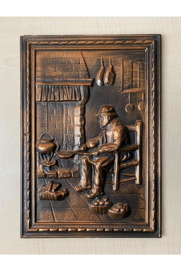 Sanat Taciri 36X25Cm Vintage Avrupa Bakır Tablo Kabartmalı Bakır Tablo Köy Evi Temalı No 85 - Image 1