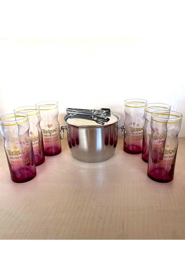 Sanat Taciri 6 Adet Öküz Gözü Rakı Bardağı 1 Adet Çelik Buz Kovası Çif Katmanlı Maşalı Kapaklı Kova - Image 1
