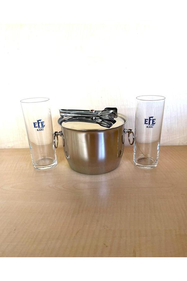 Sanat Taciri 2 Adet Uzun İnce Cam Efe Rakı Bardağı 1 Adet Çelik Buz Kovası Çif Katmanlı Maşalı Kapaklı Kova - Image 1