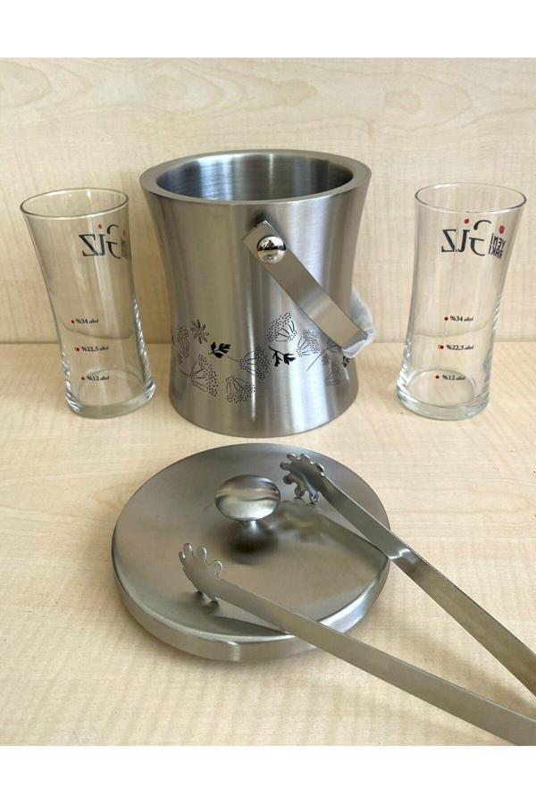 Sanat Taciri 2 Adet Giz Rakı Bardağı Ve 1 Adet Yeni Seri Buz Kovası No 45 - Image 1