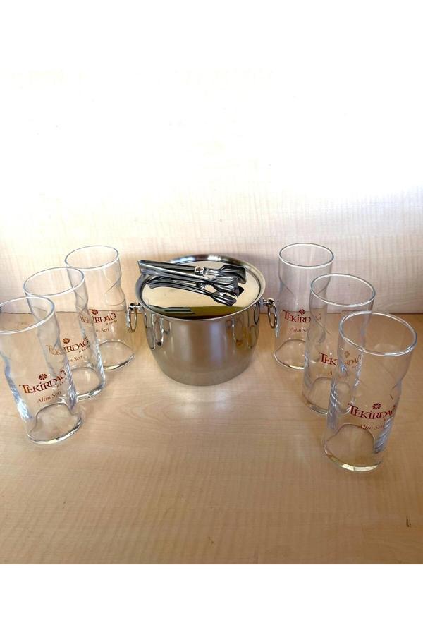 Sanat Taciri 6 Adet Altın Seri Rakı Bardağı 1 Adet Çelik Buz Kovası Çif Katmanlı Maşalı Kapaklı Kova - Image 1