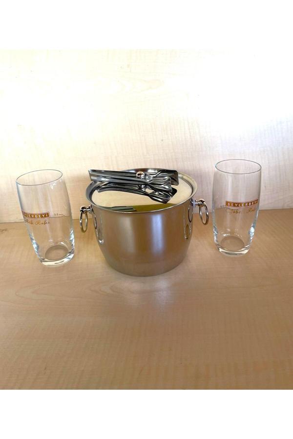 Sanat Taciri 2 Adet Beyler Beyi Rakı Bardağı 1 Adet Çelik Buz Kovası Çif Katmanlı Maşalı Kapaklı Kova - Image 1