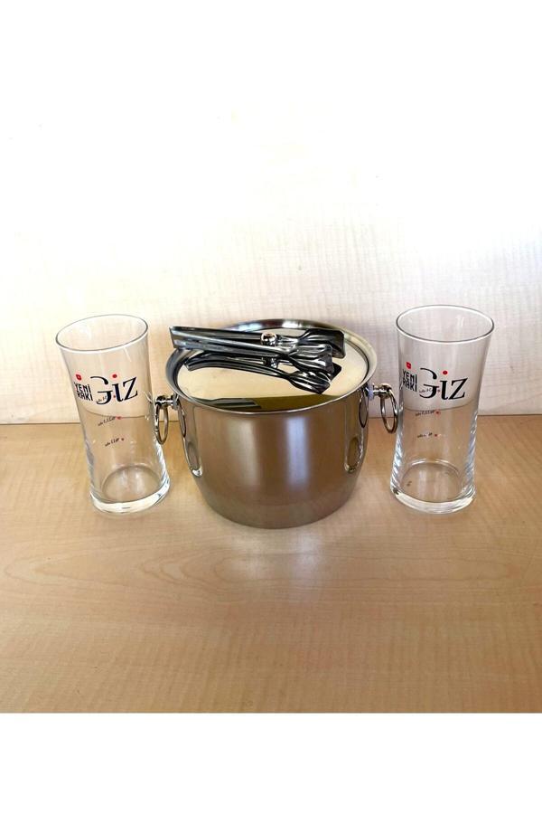 Sanat Taciri 2 Adet Giz Rakı Bardağı 1 Adet Çelik Buz Kovası Çif Katmanlı Maşalı Kapaklı Kova - Image 1