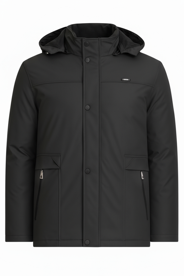 Erkek Siyah %100 Su Ve Rüzgar Geçirmez Kürklü Çıkartılabilir Kapüşonlu Mont&Kaban - Image 1