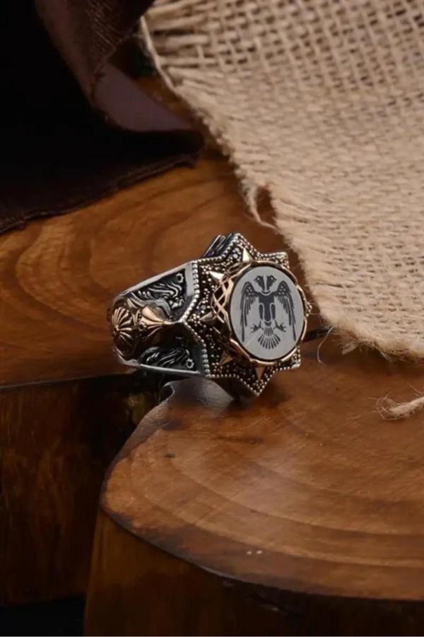 Osmanlı Gümüş Çift Başlı Selçuklu Kartalı Model Miğfer Kalkan İşlemeli Koleksiyonluk Erkek Gümüş Yüzük - Image 1