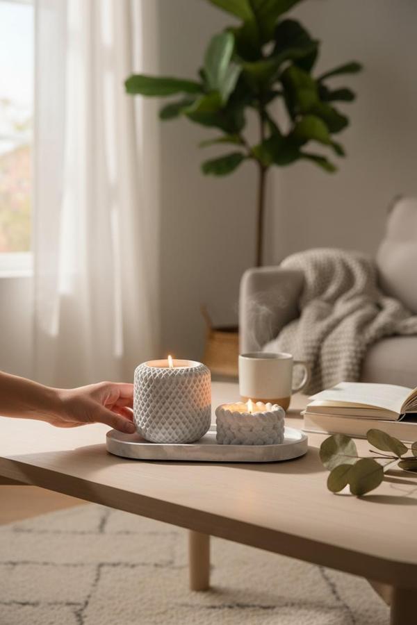 Vanilya Kokulu Palm Wax Kavanoz Mum ve Dekoratif Tealight Mumluk ve Tabak – Elmas Kesim Tasarım, Vegan İçerik - Image 1