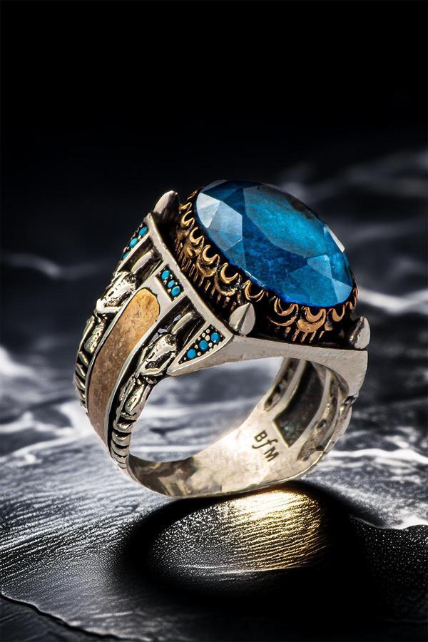 Osmanlı Gümüş Erkek Mavi Zirkon Taşlı Gümüş Yüzük - Image 1