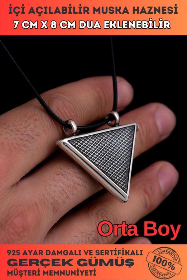 Osmanlı Gümüş Orta Boy Baklava Desenli Gümüş Muska Haznesi Deri Kolye Hediyeli - Image 1