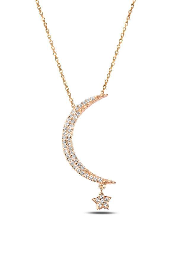 Osmanlı Gümüş Zirkon Taşlı Rose Renk Ay Yıldız Model Kadın Gümüş Kolye Gklayyldzm1-Ros - Image 1