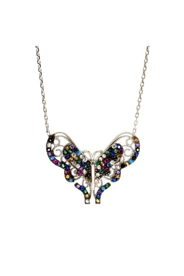 Osmanlı Gümüş Renkli Zirkon Taşlı Kelebek Gümüş Bayan Kolye - Image 1