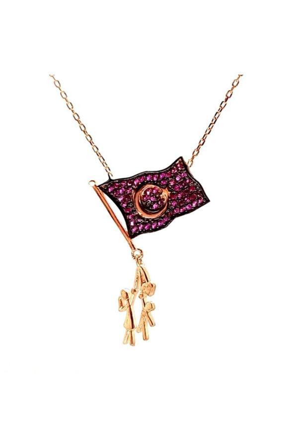 Osmanlı Gümüş Türk Bayrağı Rose Renk Bayan Gümüş Kolye - Image 1