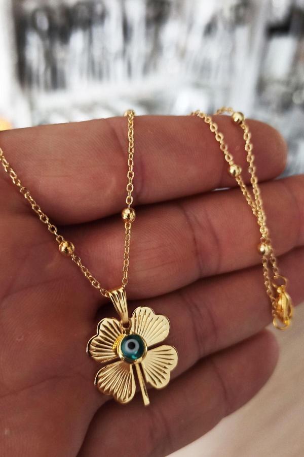 Osmanlı Gümüş Gold Kaplama Altın Renk Top Zincir Nazar Boncuklu Yonca Bijuteri Kolye - Image 1