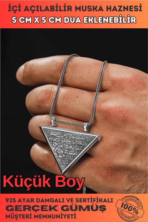 Osmanlı Gümüş Allah Yazılı Ve Kalem Suresi Çift Taraflı Nazar Duası Yazılı Gümüş Muska Haznesi Küçük Boy - Image 1