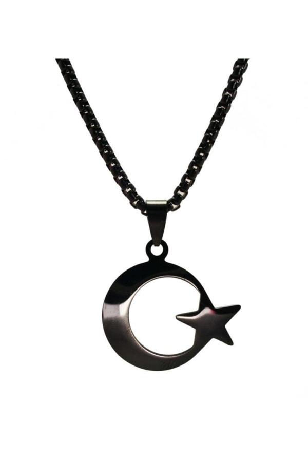 Osmanlı Gümüş Ottoman Siyah Ayyıldız Bayrak Çelik Erkek Kolye Zincir - Image 1