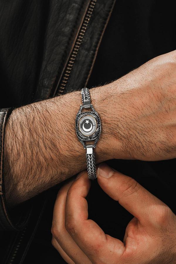 Osmanlı Gümüş Erkek Gümüş Bileklik - Ay Yıldız Desenli Tilki Kuyruğu Zincirli 925 Ayar Erkek Bileklik - Image 1