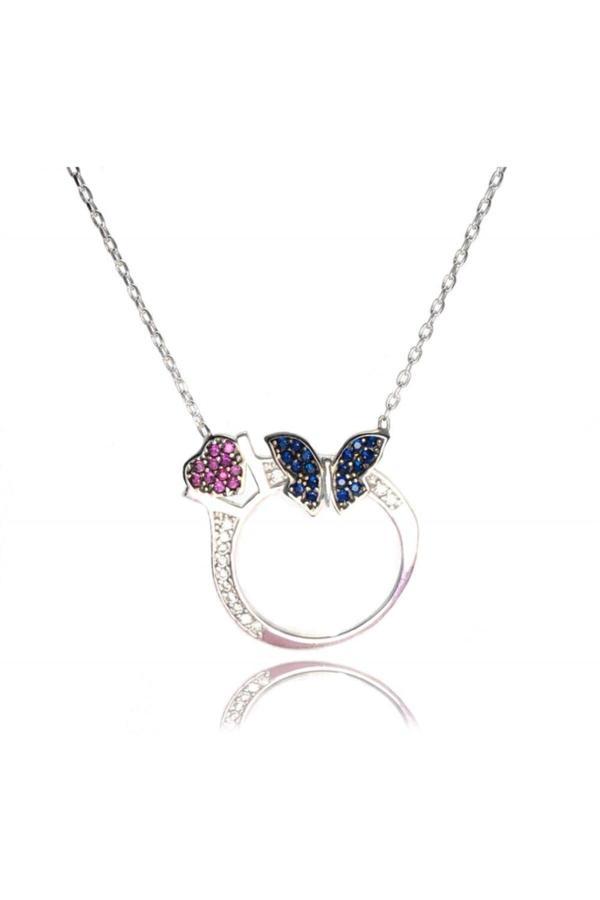 Osmanlı Gümüş Tektaş Yüzüklü Ve Kelebekli Bayan Gümüş Kolye Orta Boy - Image 1