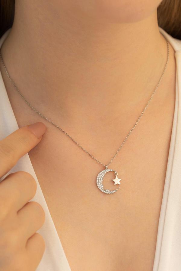 Osmanlı Gümüş Kadın Gümüş Kolye - Ay Yıldız Zirkon Taşlı 925 Ayar Gümüş Kolye Gklayyldzgm-Gms - Image 1