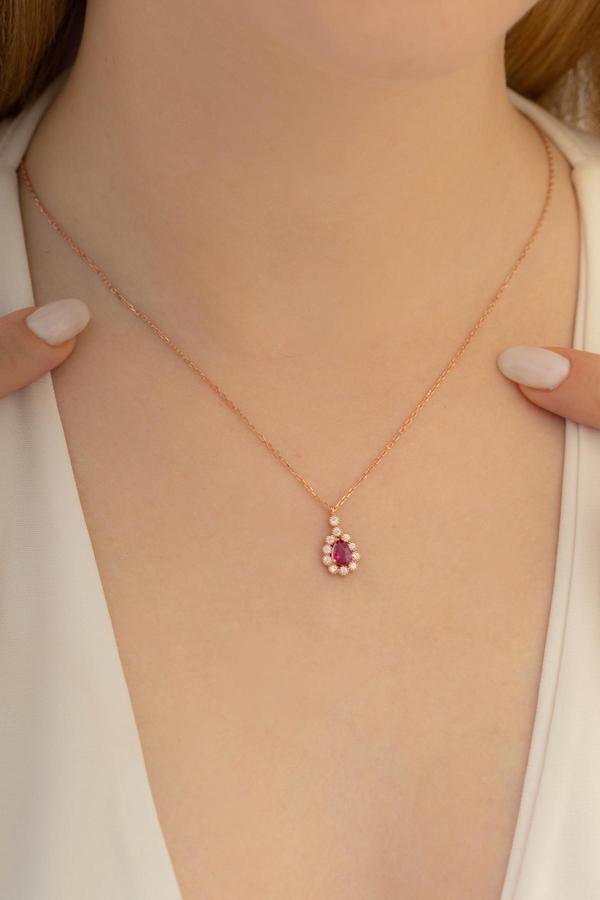 Osmanlı Gümüş Rose Renk Damla Model Yakut Taşlı Kadın Gümüş Kolye Gkldmlm1Del-Ros - Image 1