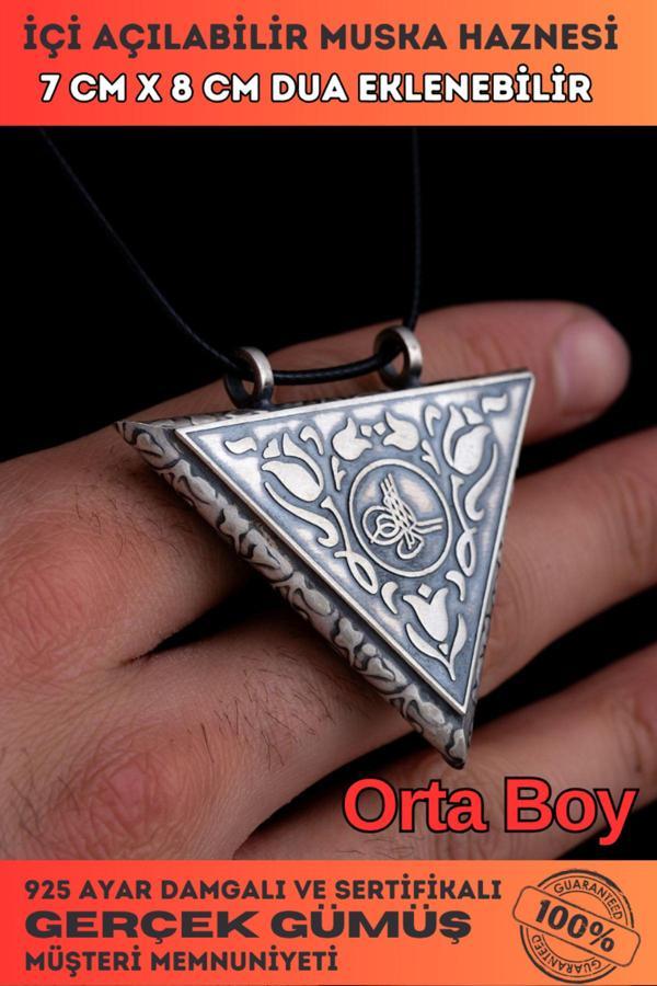 Osmanlı Gümüş Tuğralı Lale Motifli Erkek Gümüş Cevşen Muska Kolye Haznesi Küçük Boy - Image 1