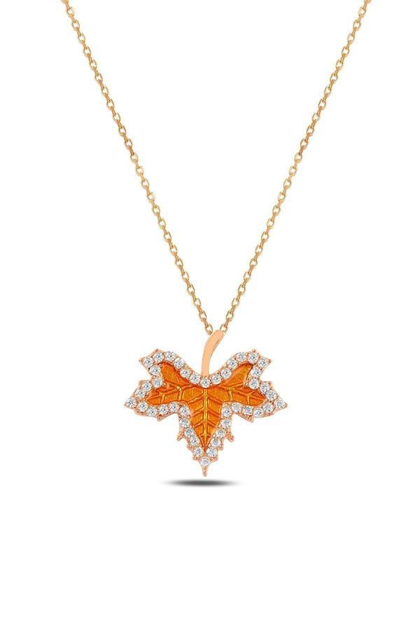 Osmanlı Gümüş Zirkon Taşlı Rose Renk Kurumuş Yaprak Model Kadın Gümüş Kolye Gklyprkmdl2-Ros - Image 1