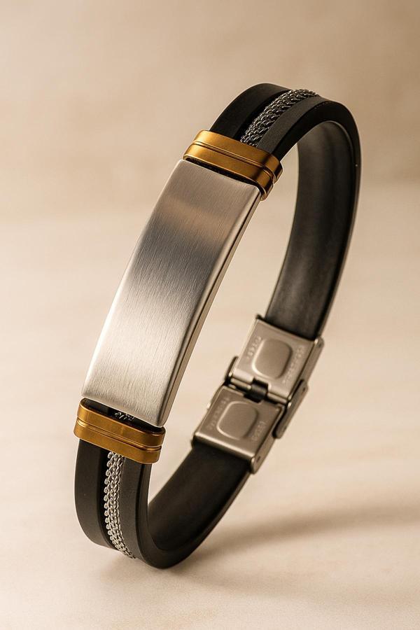 Osmanlı Gümüş Erkek İsim Yazılabilir Hasır Detaylı Kauçuk Çelik Bileklik Künye - Image 1