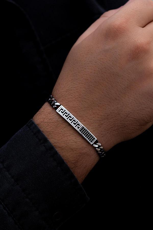 Osmanlı Gümüş Erkek Gümüş Bileklik - Grek Desenli Gurmet Zincirli Gümüş Bileklik - Image 1