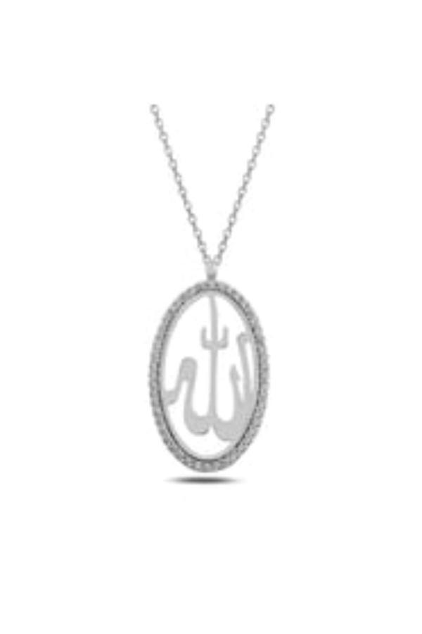 Osmanlı Gümüş Gümüş Kolye - Allah Yazılı Oval Şekilli Şık İşleme Kadın Kolye - Image 1