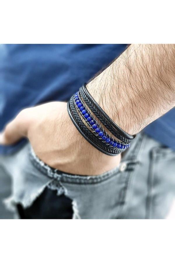 Osmanlı Gümüş Mavi Faset Akik Doğal Taşlı Çoklu Deri Kordonlu Bileklik Dblımt2D200-Syh - Image 1