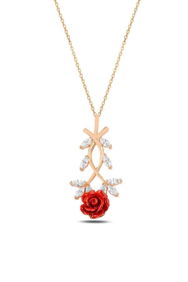 Osmanlı Gümüş Zirkon Taşlı Rose Gül Çiçeği Model 2 Kadın Gümüş Kolye Gklglcckmd2-Ros - Image 1