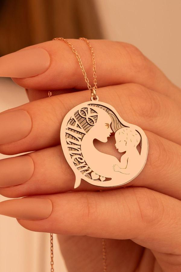 Osmanlı Gümüş Anneler Günü Hediyesi Annem Yazılı Gümüş Anne Çocuk Kolyesi - Image 1