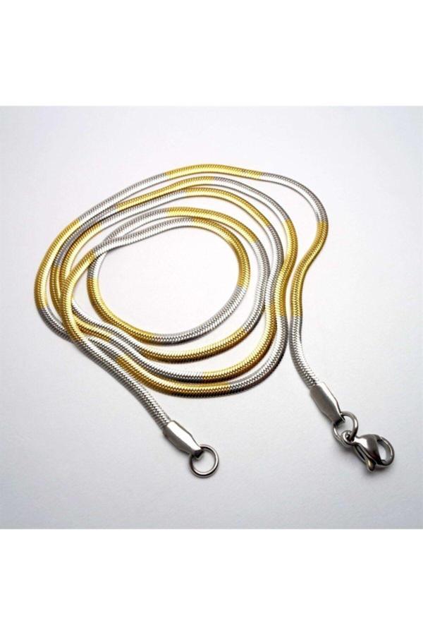 Osmanlı Gümüş Sarı Beyaz Yassı Model Snake Yılan Erkek Kolye Zincir - Image 1