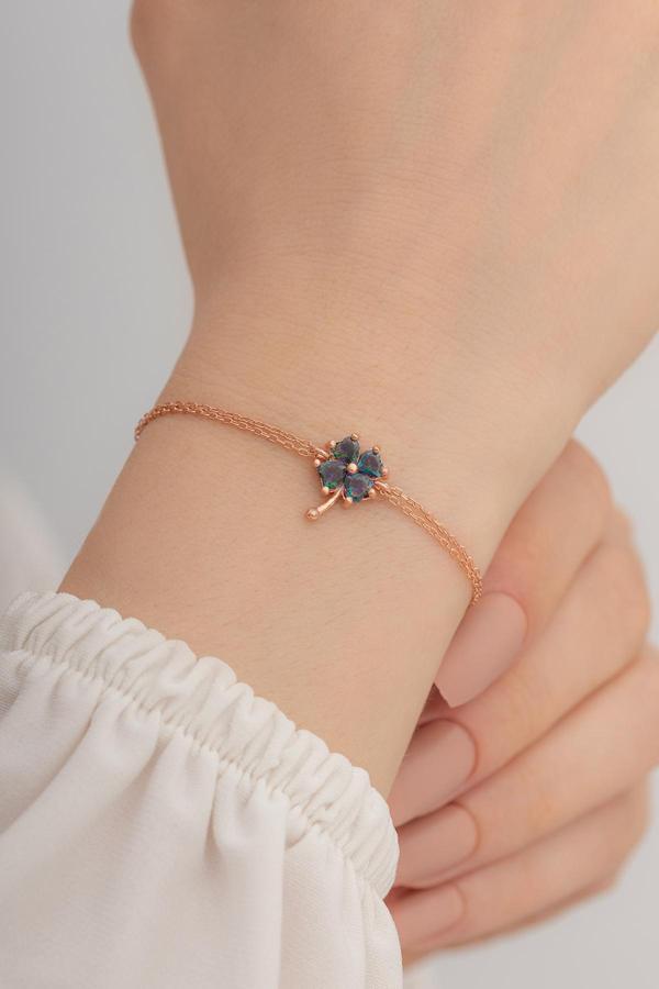 Osmanlı Gümüş Rose Taşlı Yonca Model Kadın Gümüş Bileklik Gblyncmdlb1-Ros - Image 1