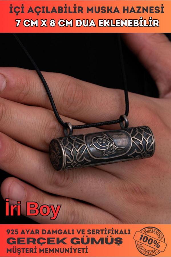 Osmanlı Gümüş Erkek Gümüş Kolye - Cevşen Osmanlı Tuğralı İri Boy Gümüş Muska Kolye - Image 1