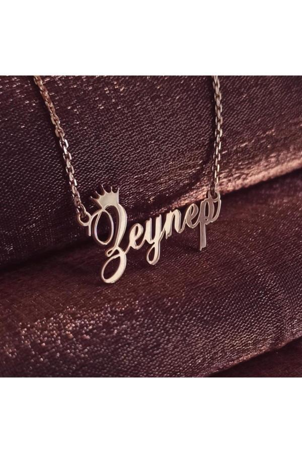 Osmanlı Gümüş Kral Taç Yazılı Imza Rose Renk Bayan Gümüş Kolye Zincir Gklrosısımt - Image 1