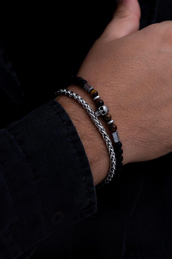 Osmanlı Gümüş Erkek Çelik Bileklik - Kurukafa Motifli Boncuklu Çelik Bileklik - Image 1