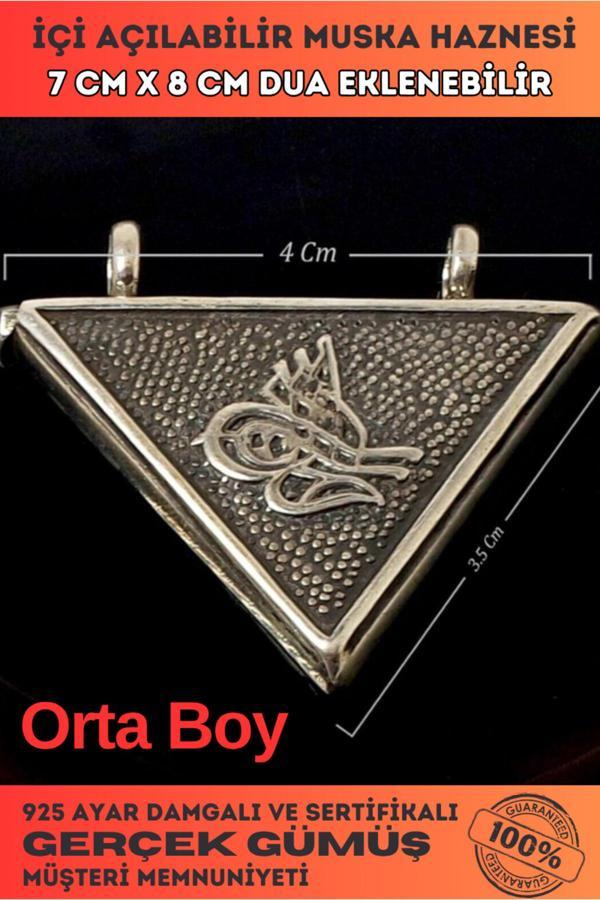 Osmanlı Gümüş Orta Boy Tuğralı Gümüş Muska Haznesi Deri Kolye Hediyeli - Image 1