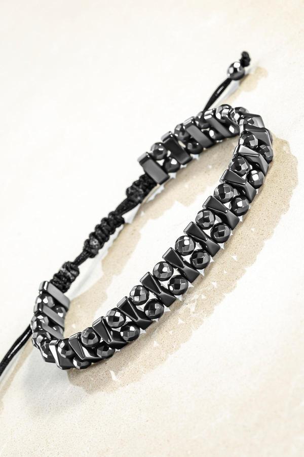 Osmanlı Gümüş Erkek Kadın Doğal Taş Bileklik - Siyah Hematit Doğal Taşlı Makrome Yuvarlak Model Unisex Bileklik - Image 1