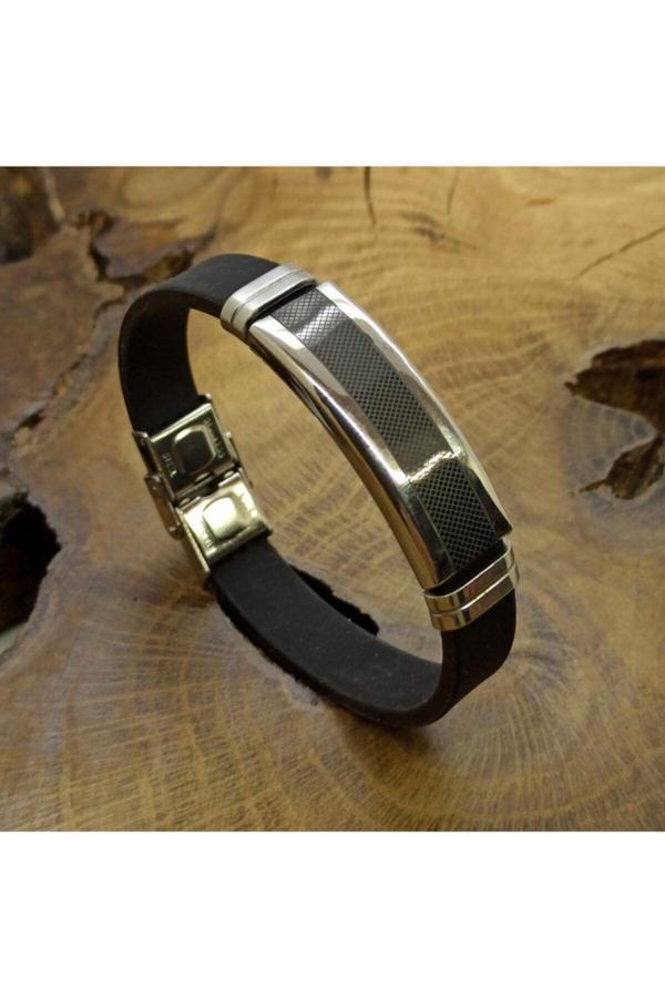 Osmanlı Gümüş Baklava Çizgi Desen Kauçuk Çelik Erkek Bileklik Cblbklvadsn-Byz - Image 1