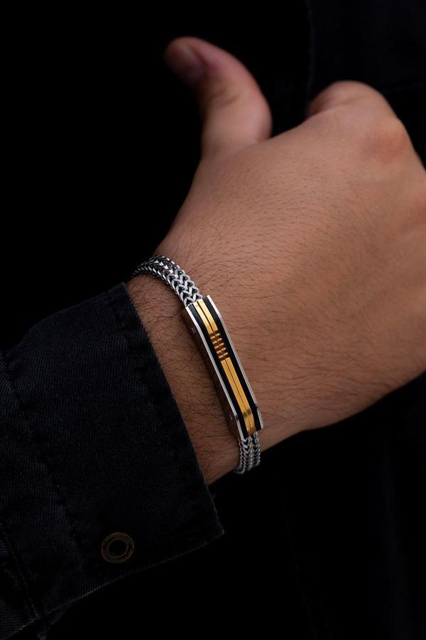 Osmanlı Gümüş Erkek Çelik Bileklik - Sarı Model Çift Sıra Örüm Zinciri Çelik Bileklik - Image 1