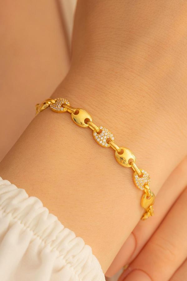 Osmanlı Gümüş Kadın Gümüş Bileklik - Altın Kaplama Zirkon Taşlı Gemici Model Gümüş Bileklik - Image 1