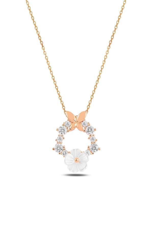 Osmanlı Gümüş Zirkon Taşlı Rose Manolya Çiçeği Model Kadın Gümüş Kolye Gklmnlycck1-Ros - Image 1