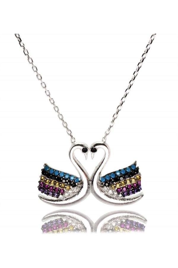 Osmanlı Gümüş Çifte Kuğular Gümüş Bayan Kolye Orta Boy - Image 1