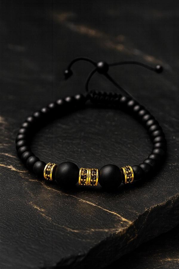 Osmanlı Gümüş Altın Detaylı Siyah Mat Taşlı Erkek Bileklik – Ayarlanabilir Şık Model - Image 1