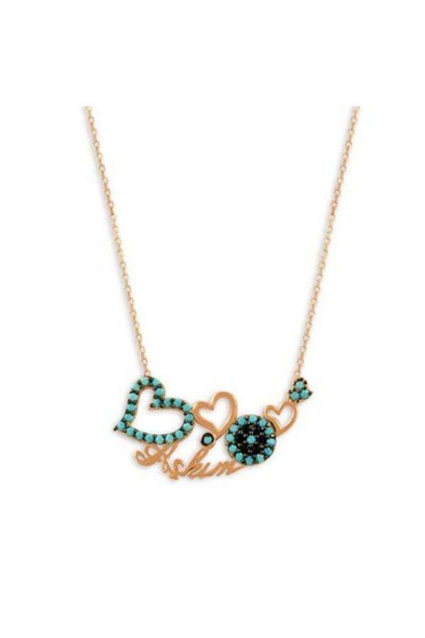 Osmanlı Gümüş Aşkıma Nazar Değmesin Kalpli Turkuaz Taşlı Bayan Gümüş Kolye - Image 1