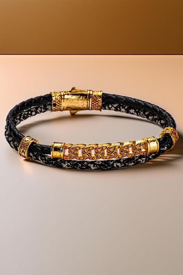 Osmanlı Gümüş Altın Zincir Detaylı Siyah Deri Erkek Bileklik – Çift Örgü Tasarım - Image 1