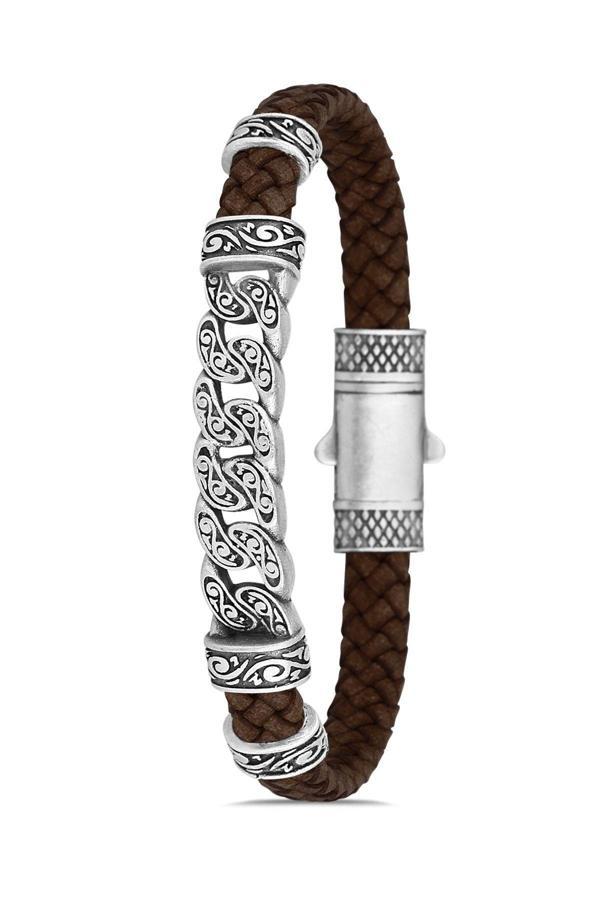 Osmanlı Gümüş Erkek Paris Zincir Gövdeli Hakiki Deri Bileklik - Image 1