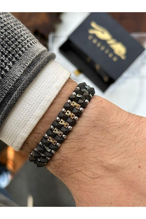 Osmanlı Gümüş Erkek Doğal Hematit Taşlı Ayarlanabilir Model 2 Doğal Taş Bileklik - Image 1