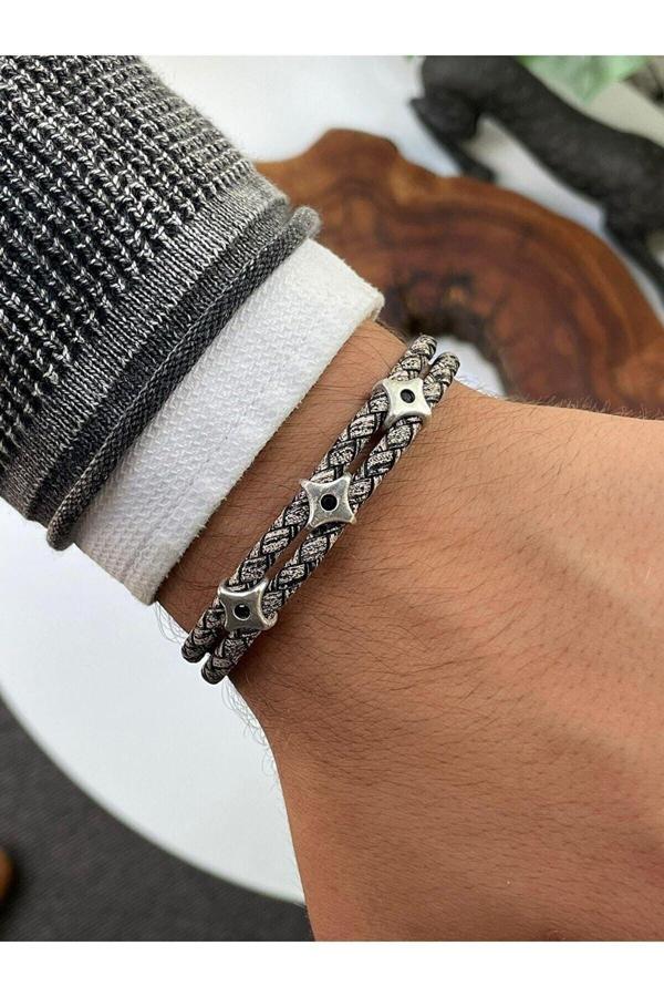 Osmanlı Gümüş Erkek Zebra Model Zirkon Taşlı Üçlü Ninja Yıldızı Shuriken Çift Hakiki Deri Bileklik - Image 1